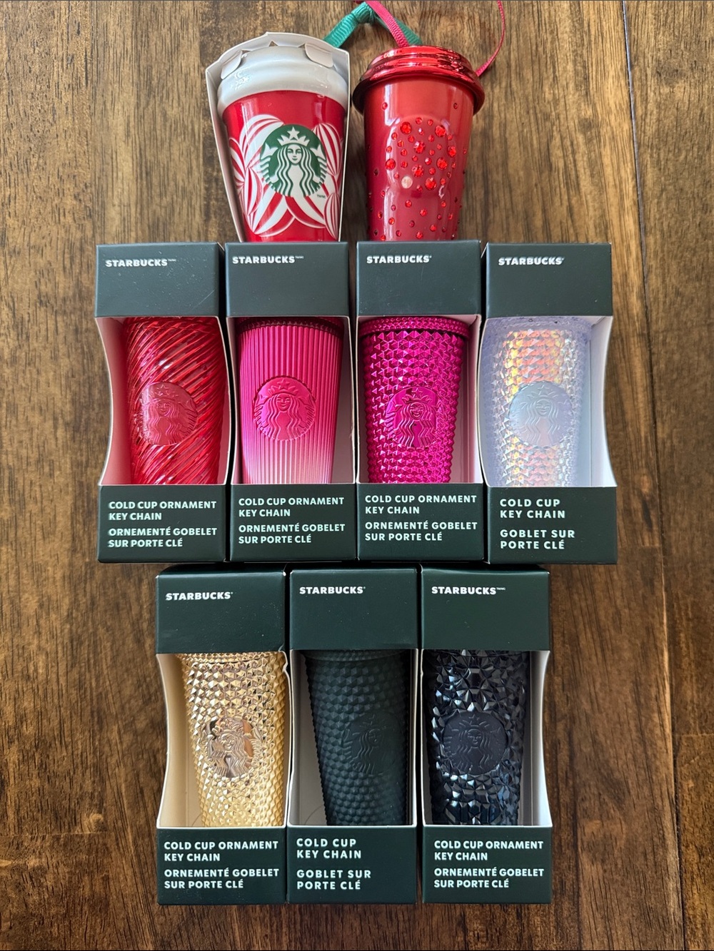 Starbucks Red, Pink, Gold, Black Cold Cup Ornament Key Chain Set